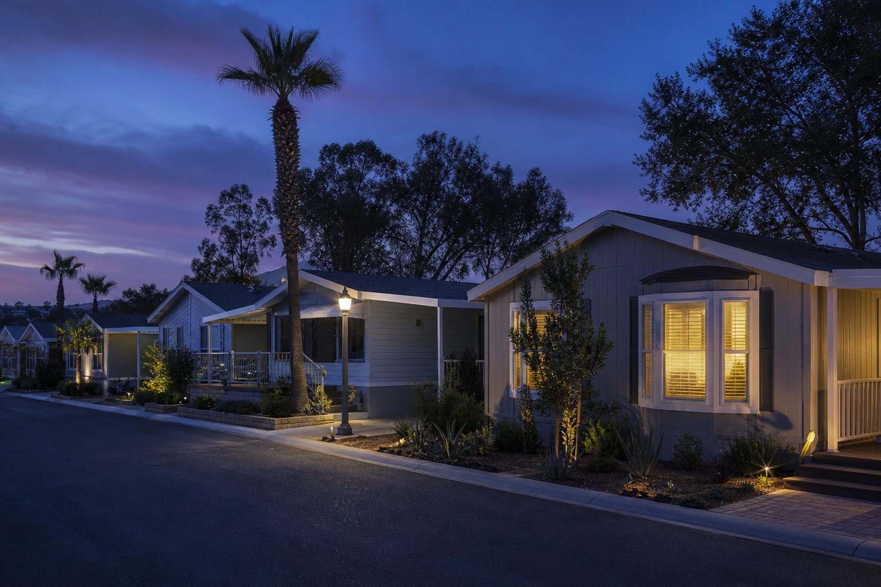 Manufactured home community at dusk